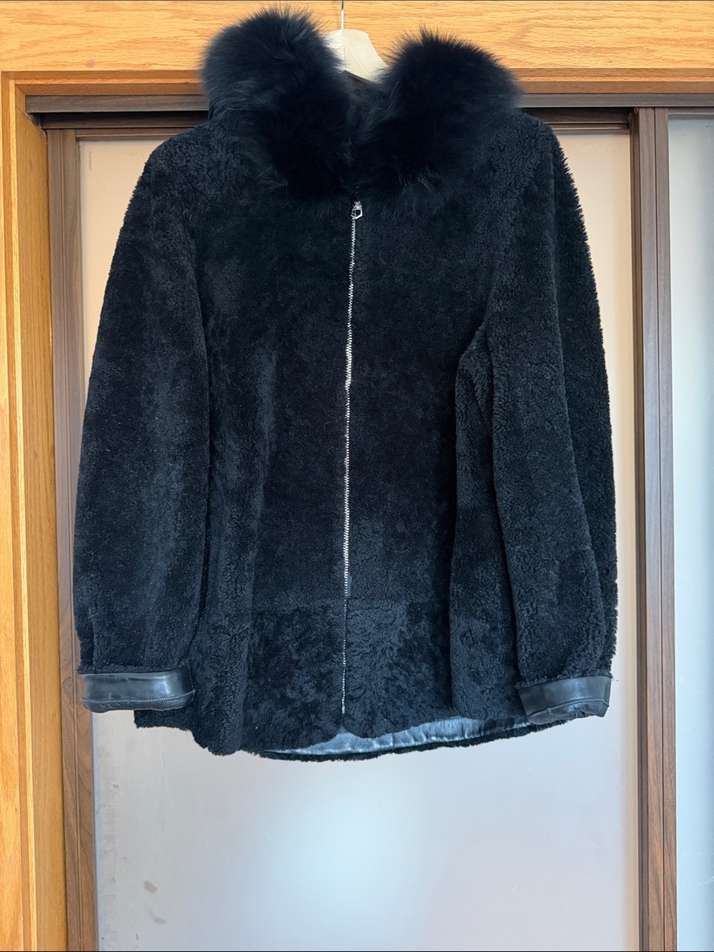 NWOT Genuine Lamb Fur Shearling Coat w/ Fox Fur-Trimmed Hood